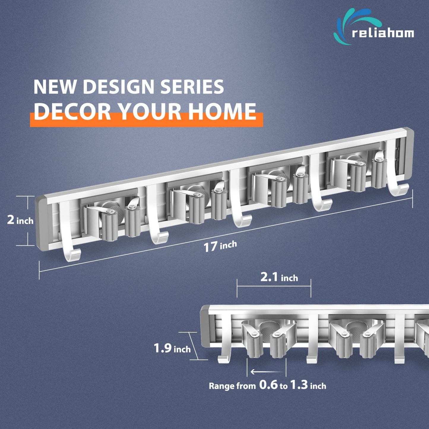 Broom Holder Wall Mount Mop and Broom Hanger Wall (4 Racks with 5 Hooks, Silver)