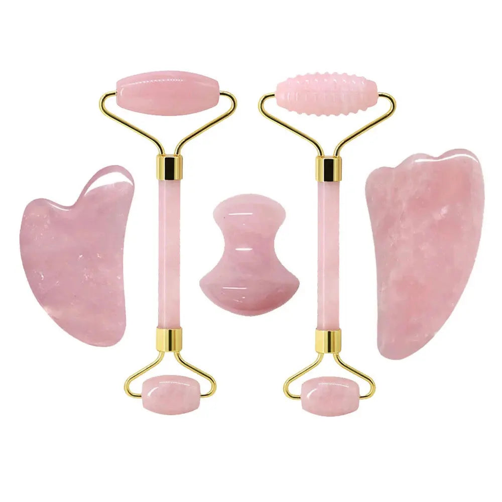 Rose Quartz Face Jade Roller Massagers Guasha Set Gua Sha Tools Natural Stone