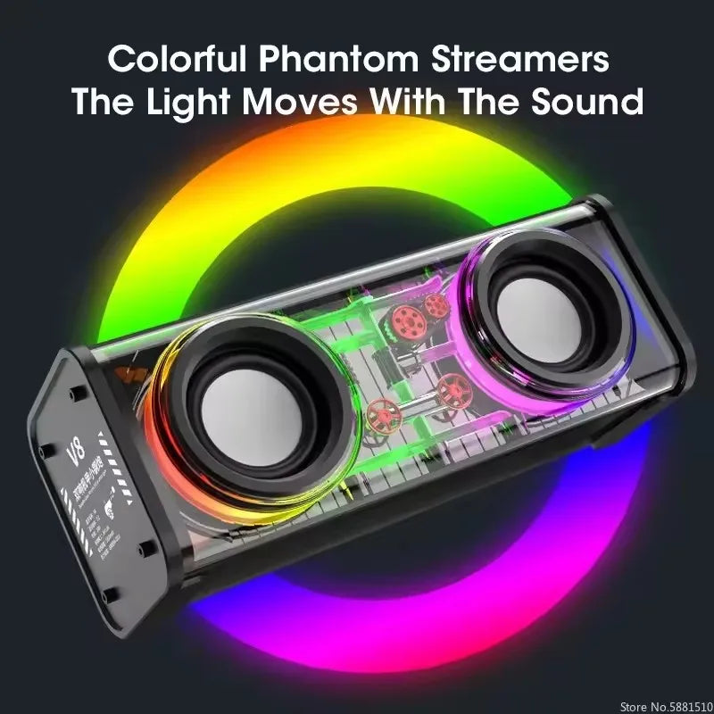 TWS V8 Transparent Mecha Bluetooth Wireless Surround Speaker with RGB Lighting and Enhanced Bass for Mini Home Parties