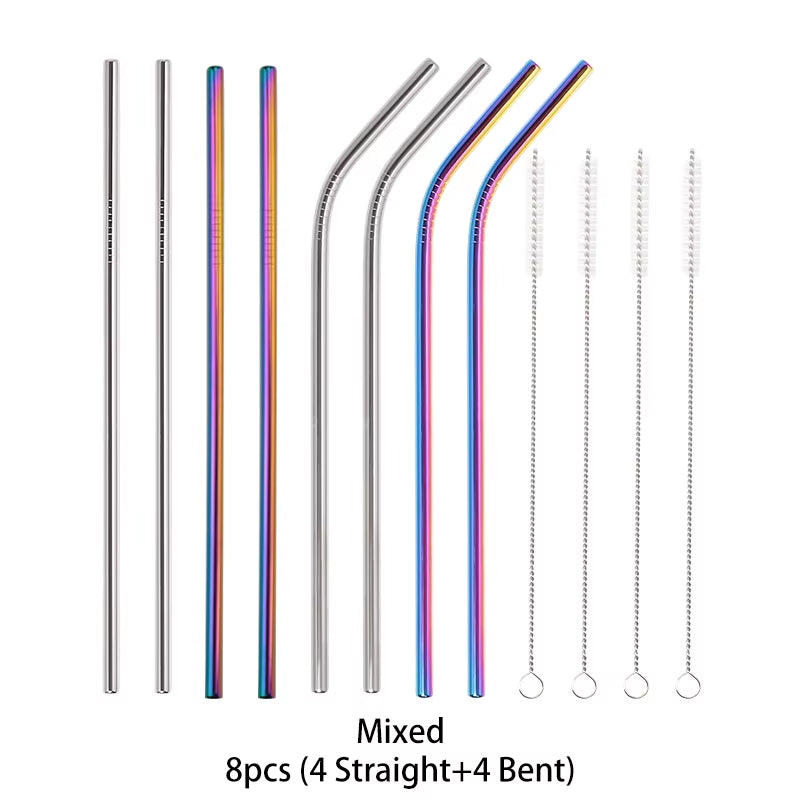 Reusable 304 Stainless Steel Straws Straight Bent Drinking Straw with Cleaning Brush