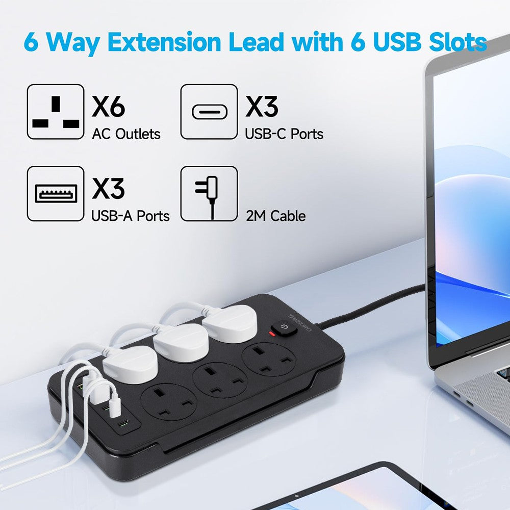 Surge Protected Extension Lead with 6 USB USB C 6Gang Way Power Cable UK Plug