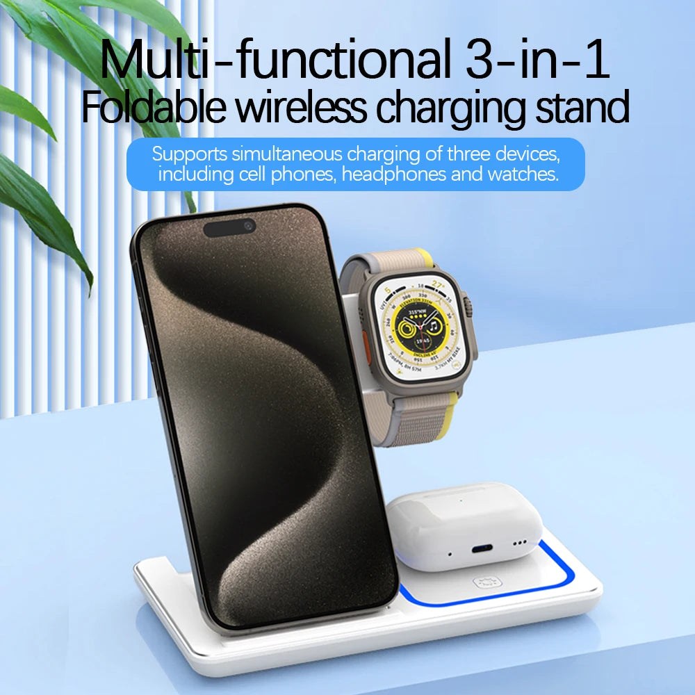 30W LED Fast Wireless Charger Stand 3 in 1 Foldable Charging Station for Iphone