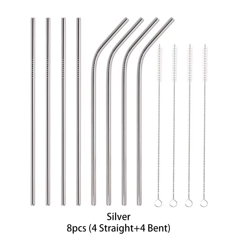 Reusable 304 Stainless Steel Straws Straight Bent Drinking Straw with Cleaning Brush