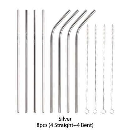 Reusable 304 Stainless Steel Straws Straight Bent Drinking Straw with Cleaning Brush