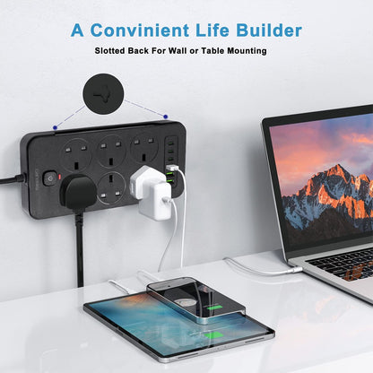 Surge Protected Extension Lead with 6 USB USB C 6Gang Way Power Cable UK Plug