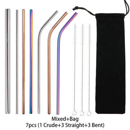 Reusable 304 Stainless Steel Straws Straight Bent Drinking Straw with Cleaning Brush