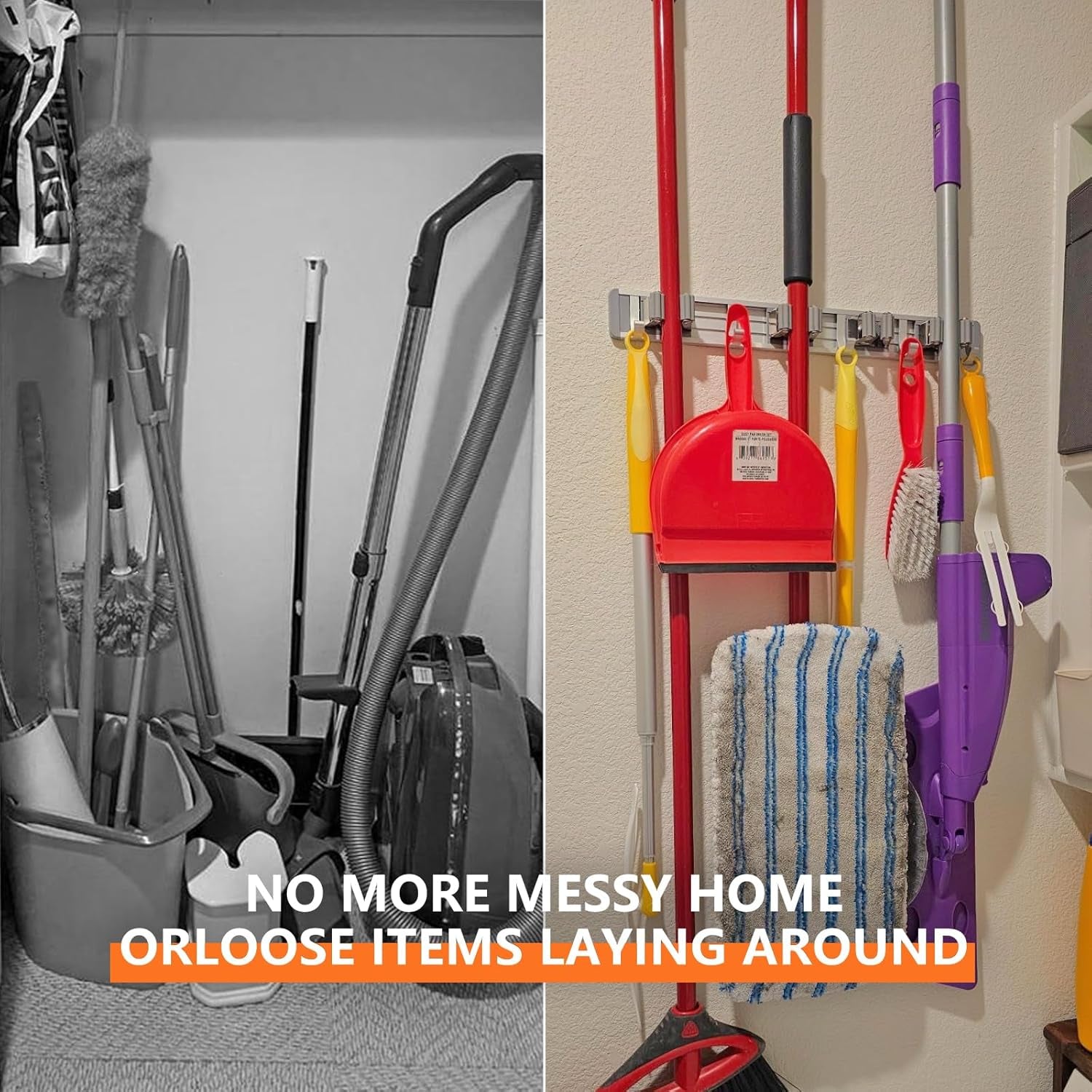 Broom Holder Wall Mount Mop and Broom Hanger Wall (4 Racks with 5 Hooks, Silver)