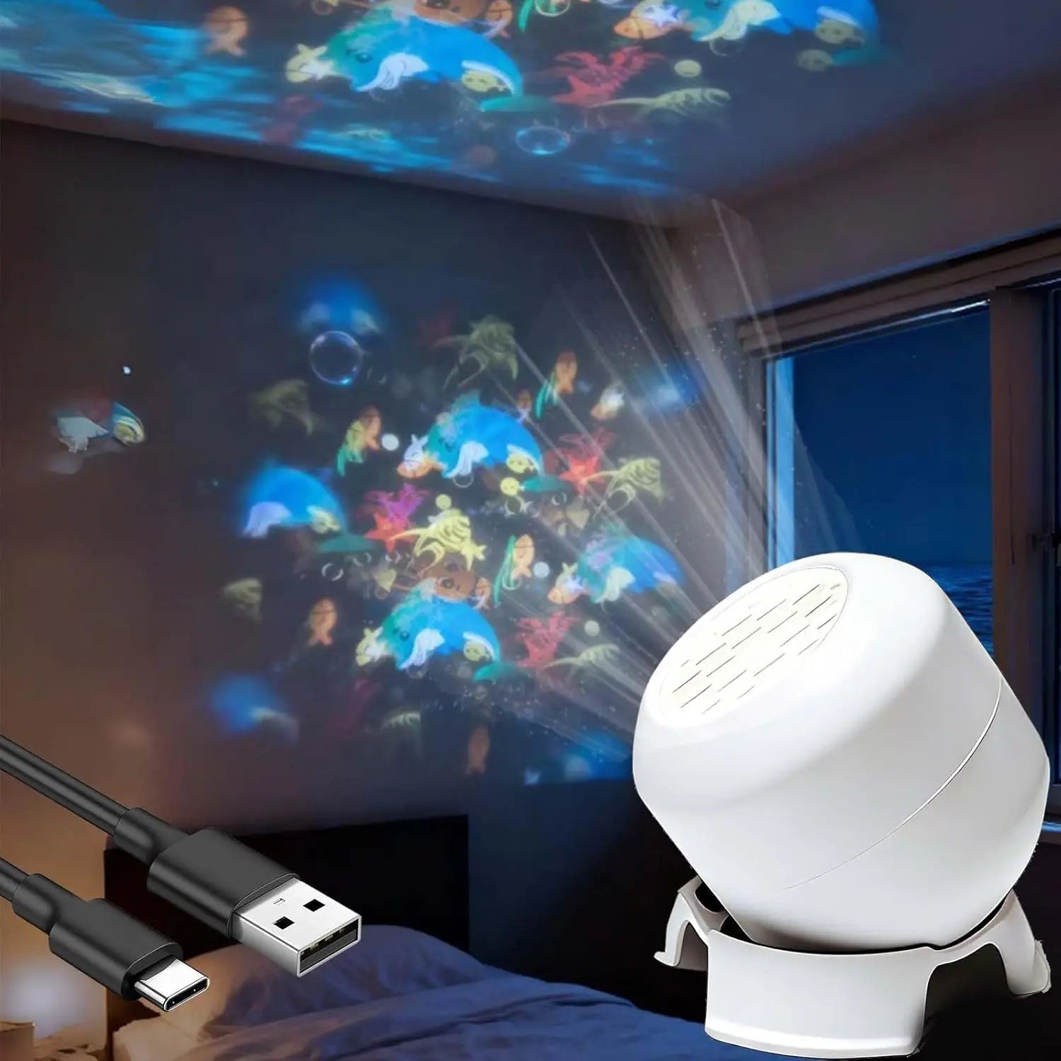 Mini Marine Night Light with 360° Rotating Fish and Bubble Projection - Soothing USB Lamp for Children's Rooms and Calming Sleep Companion Gift