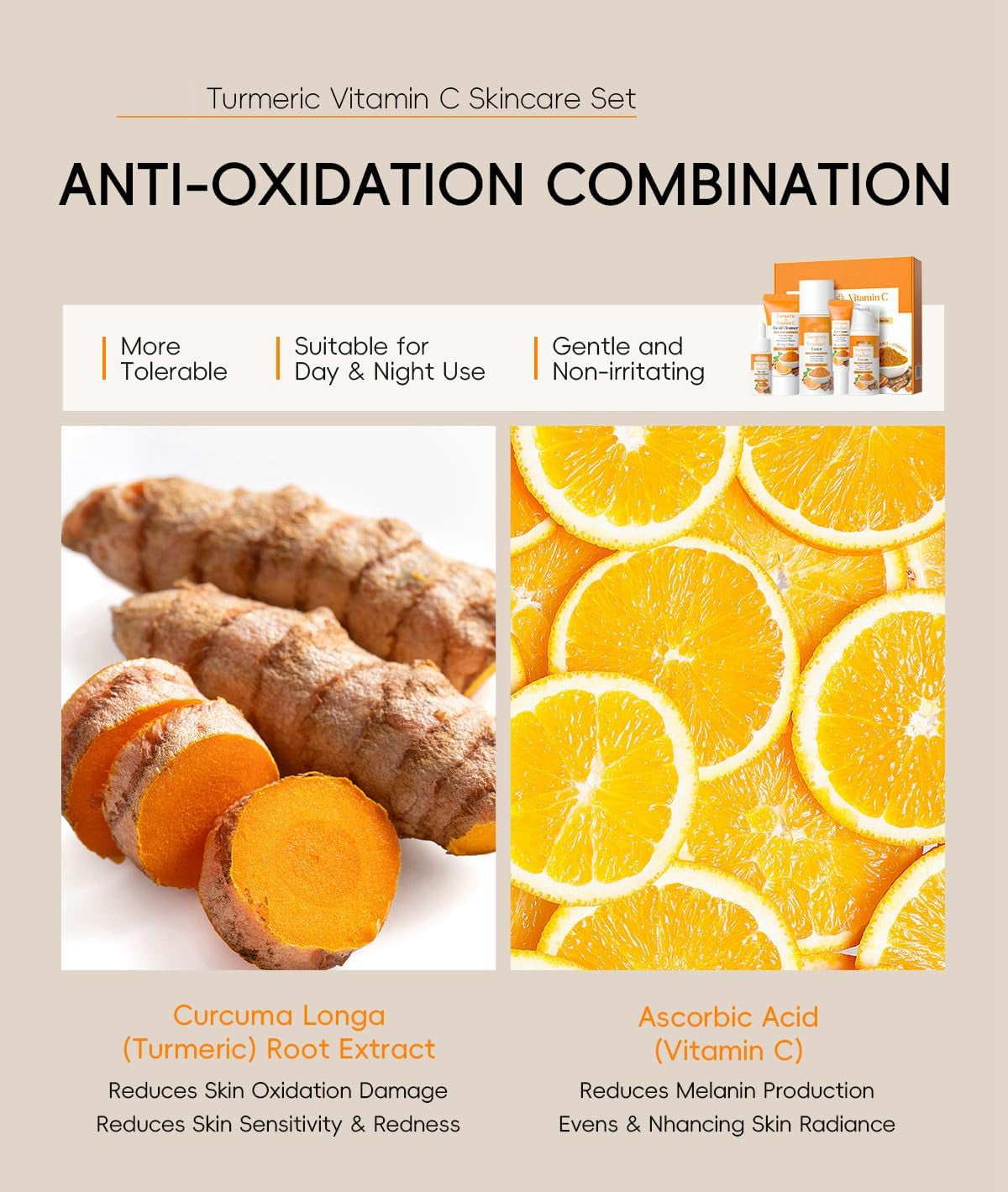 Turmeric Skincare Set - Sets for Her with Cleaner, Serum, Cream, Toner, Eye Cream - 5PCS