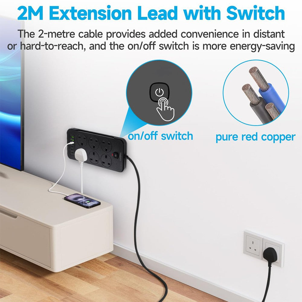 Surge Protected Extension Lead with 6 USB USB C 6Gang Way Power Cable UK Plug
