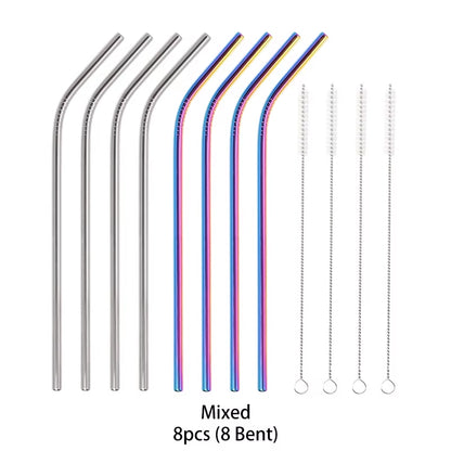 Reusable 304 Stainless Steel Straws Straight Bent Drinking Straw with Cleaning Brush