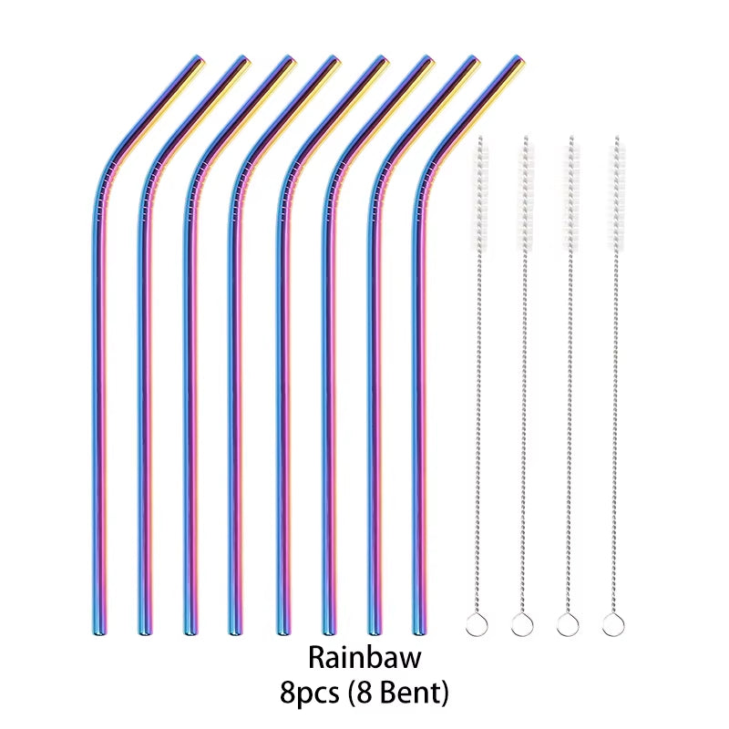 Reusable 304 Stainless Steel Straws Straight Bent Drinking Straw with Cleaning Brush