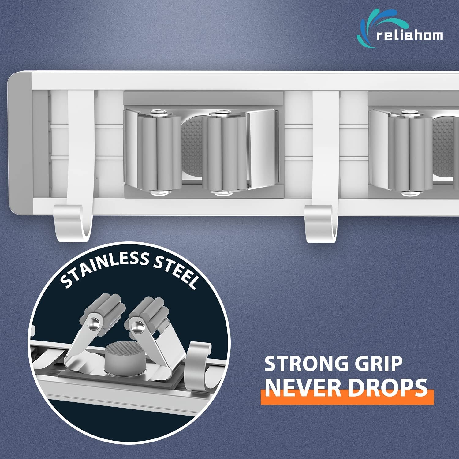 Broom Holder Wall Mount Mop and Broom Hanger Wall (4 Racks with 5 Hooks, Silver)