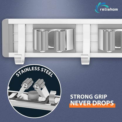 Broom Holder Wall Mount Mop and Broom Hanger Wall (4 Racks with 5 Hooks, Silver)