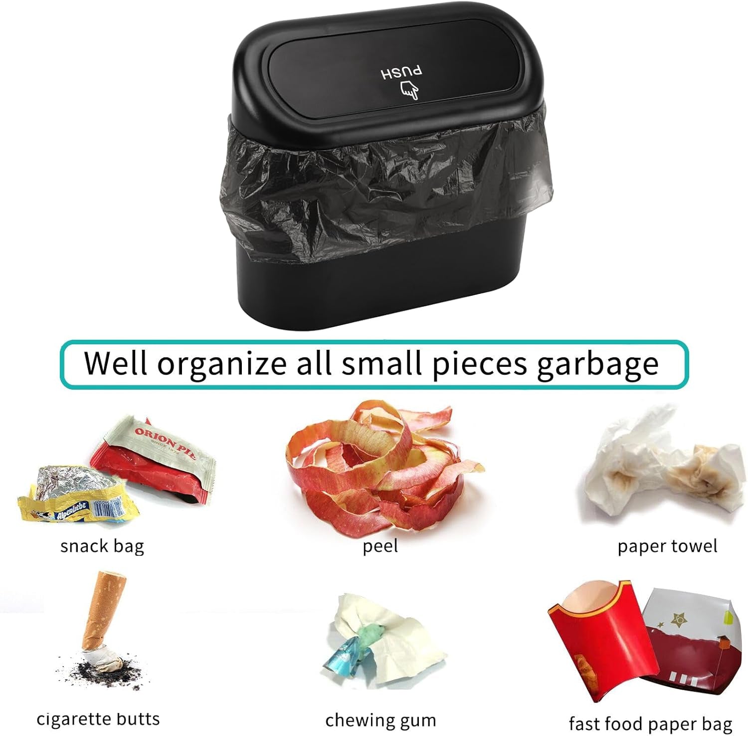 Car Trash Can with Lid, Mini Auto Dustbin Garbage Organizer with 30 Pcs Plastic Trash Bag