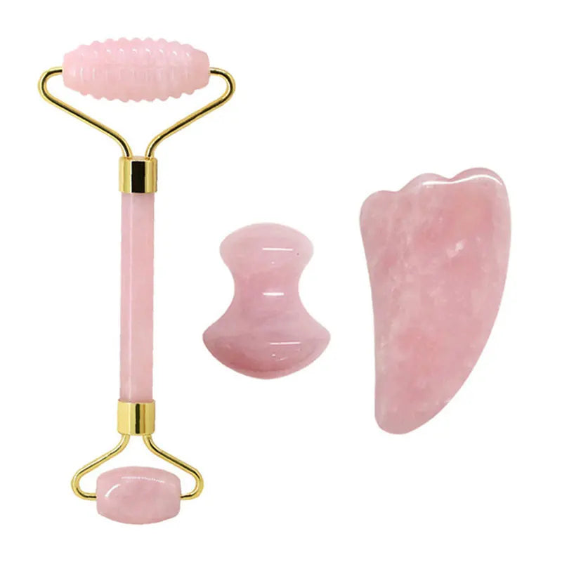 Rose Quartz Face Jade Roller Massagers Guasha Set Gua Sha Tools Natural Stone