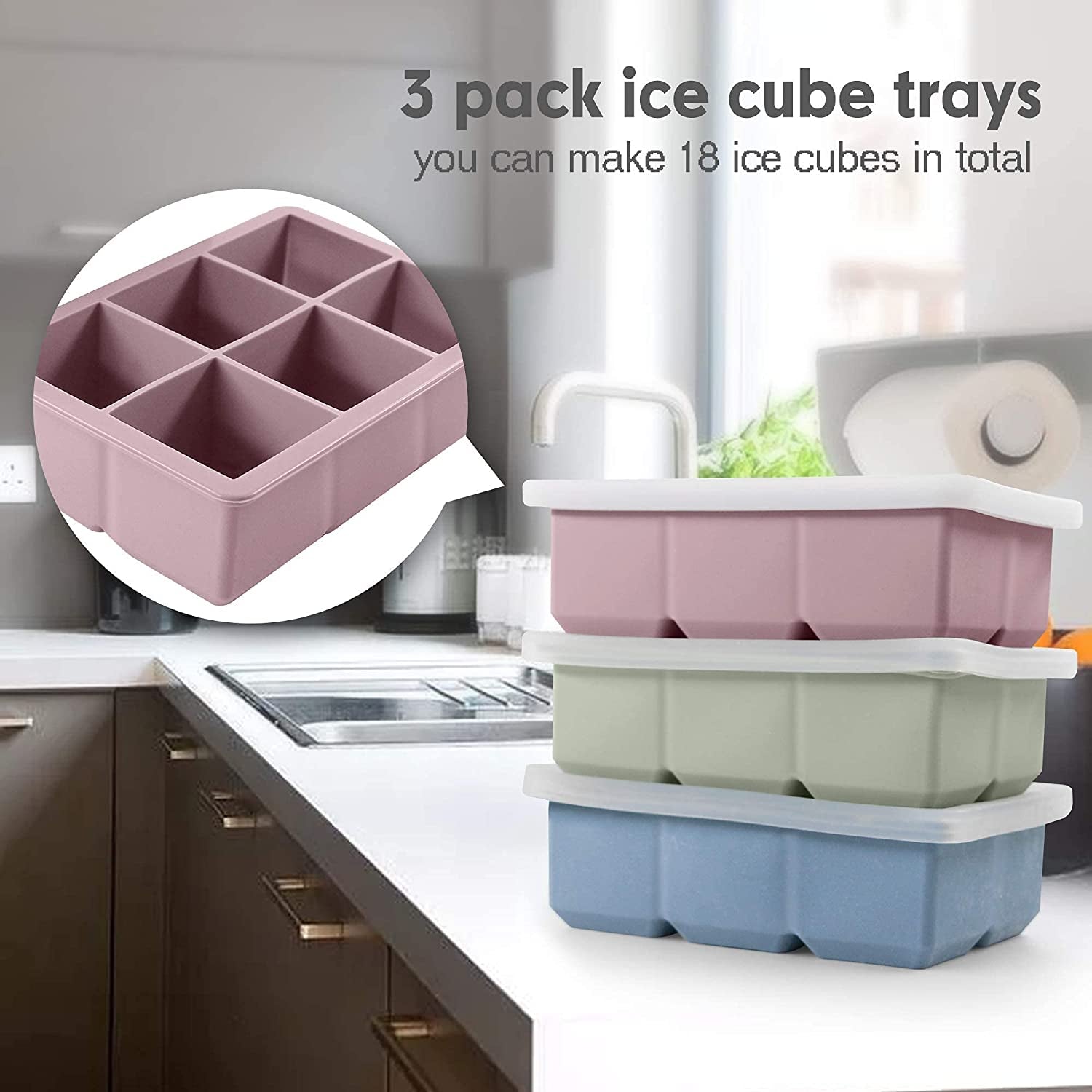 Silicone Ice Cube Trays 3 Pack - Large Size Silicone Ice Cube Molds with Leak Proof Removable Lid