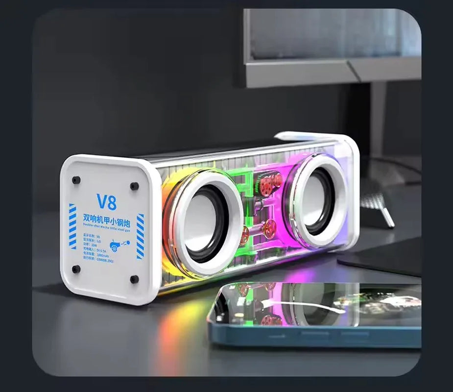 TWS V8 Transparent Mecha Bluetooth Wireless Surround Speaker with RGB Lighting and Enhanced Bass for Mini Home Parties