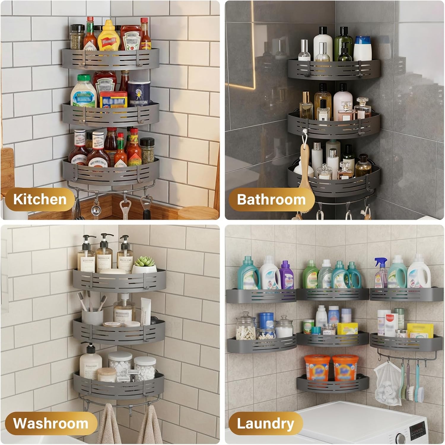 3-Tier No-Drill Storage Caddy with Hooks&Towel Bar,Organizing Solution for Bathroom,Shower&Kitchen