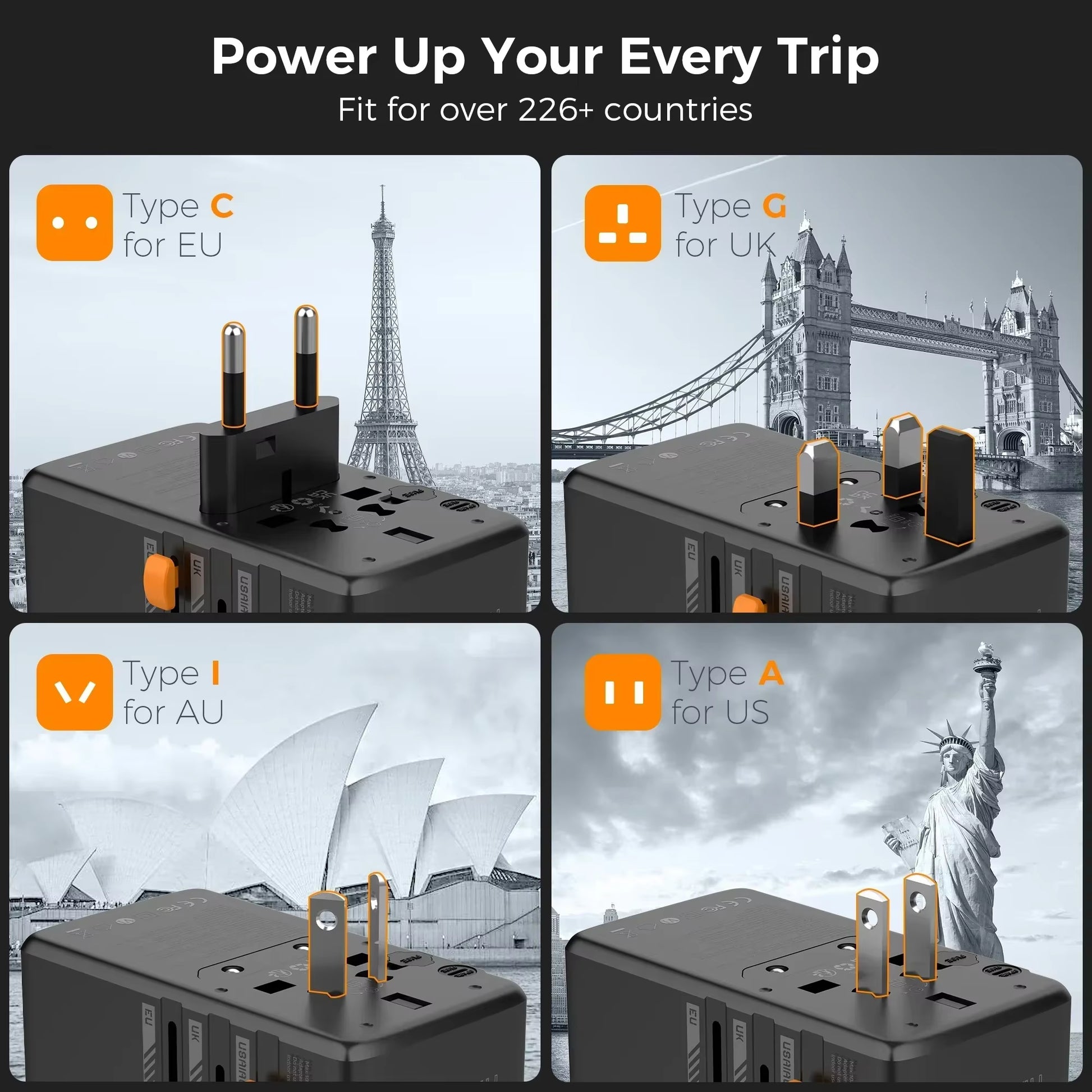 100W Gan Universal Travel Adapter with USB &Type C Fast Charging International Plug Adapter