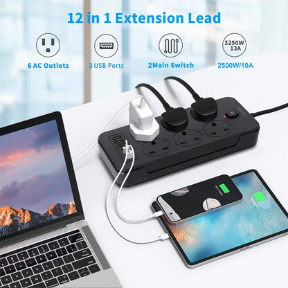 Surge Protected Extension Lead with 6 USB USB C 6Gang Way Power Cable UK Plug