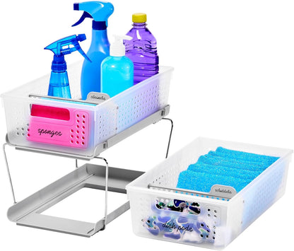 2-Tier Plastic Multipurpose Organizer with Divided Slide-Out Storage Bins