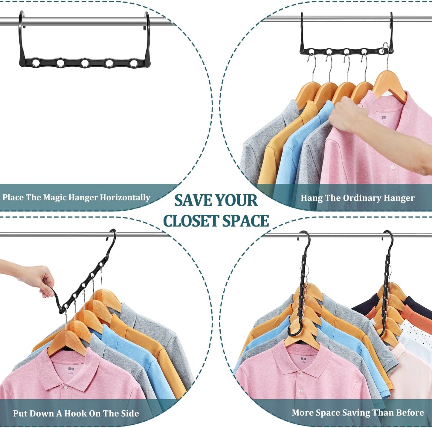 6 Pack Black Space Saving Hangers, Magic Hangers, Closet Organizers