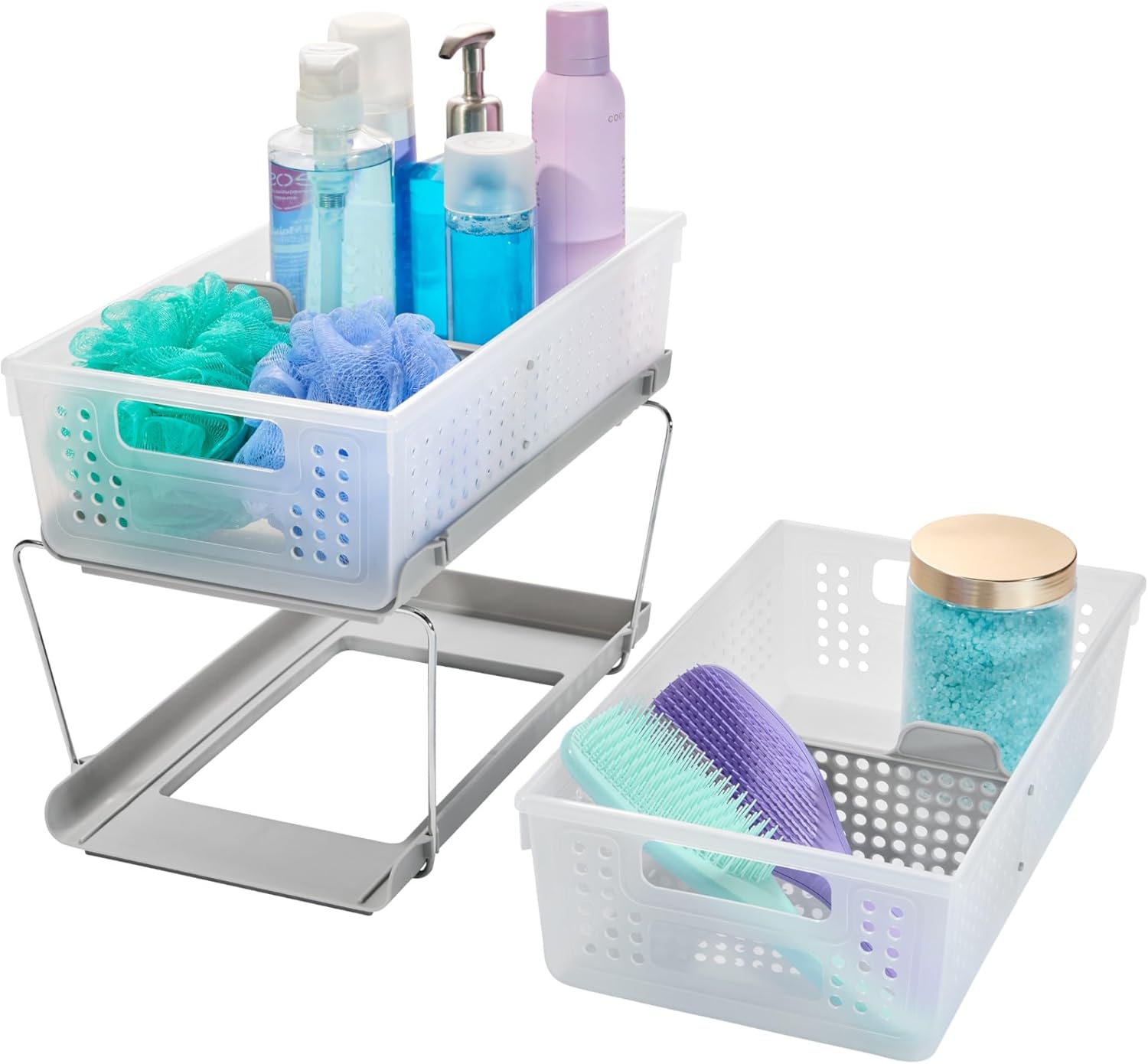2-Tier Plastic Multipurpose Organizer with Divided Slide-Out Storage Bins
