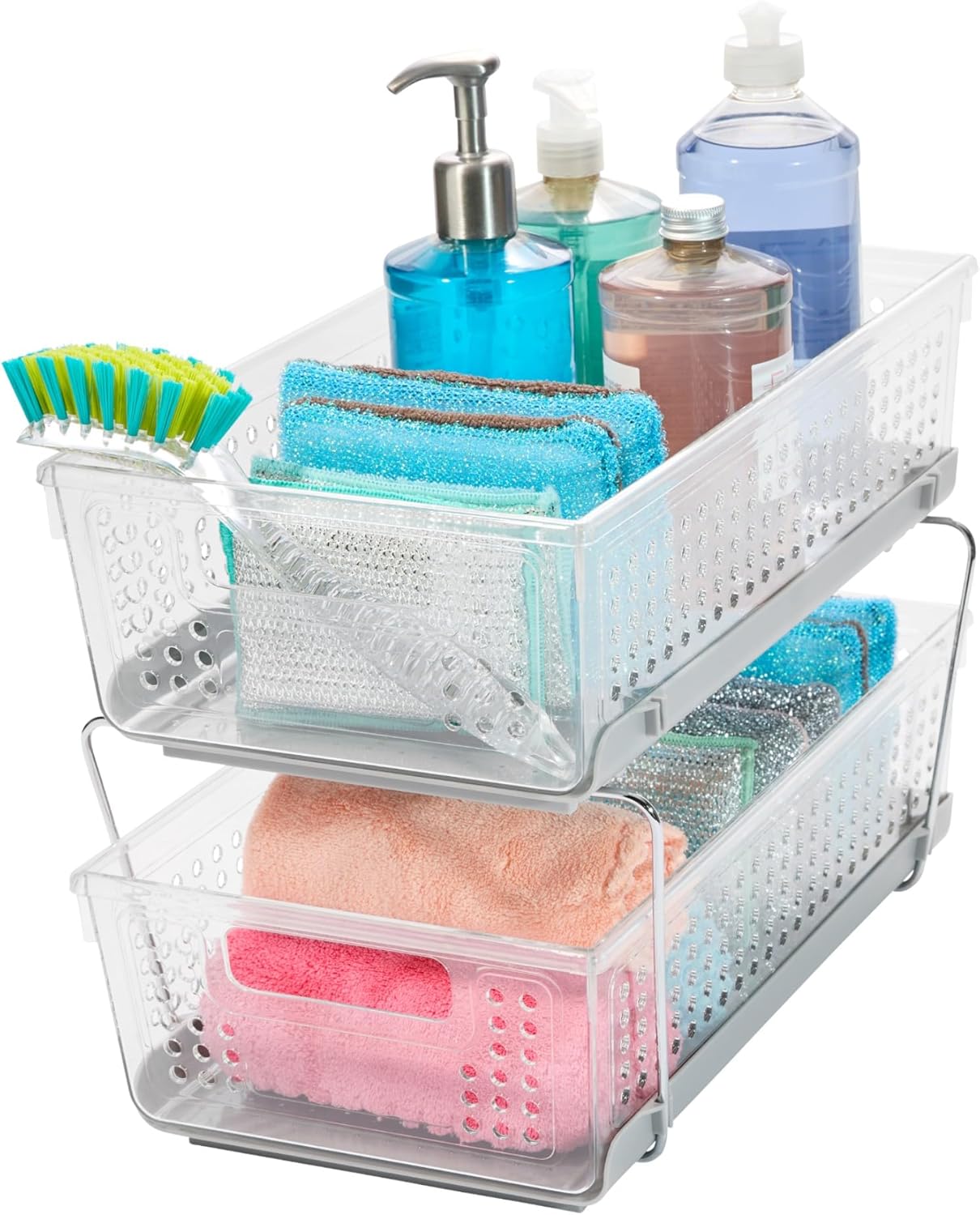 2-Tier Plastic Multipurpose Organizer with Divided Slide-Out Storage Bins