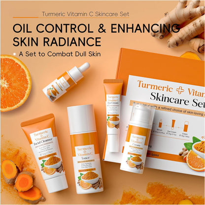 Turmeric Skincare Set - Sets for Her with Cleaner, Serum, Cream, Toner, Eye Cream - 5PCS