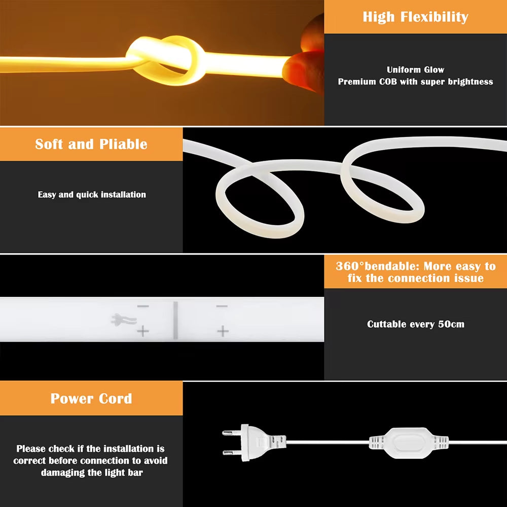 COB LED Neon Strip Light 220V EU Power Kit 10 Colors  Flex Lamp