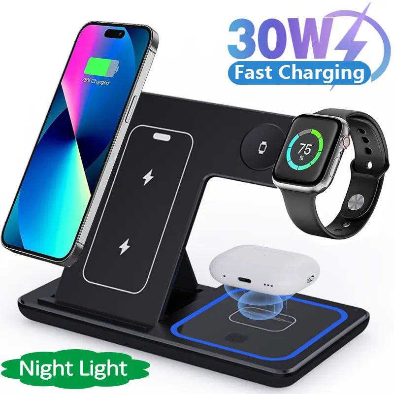 30W LED Fast Wireless Charger Stand 3 in 1 Foldable Charging Station for Iphone