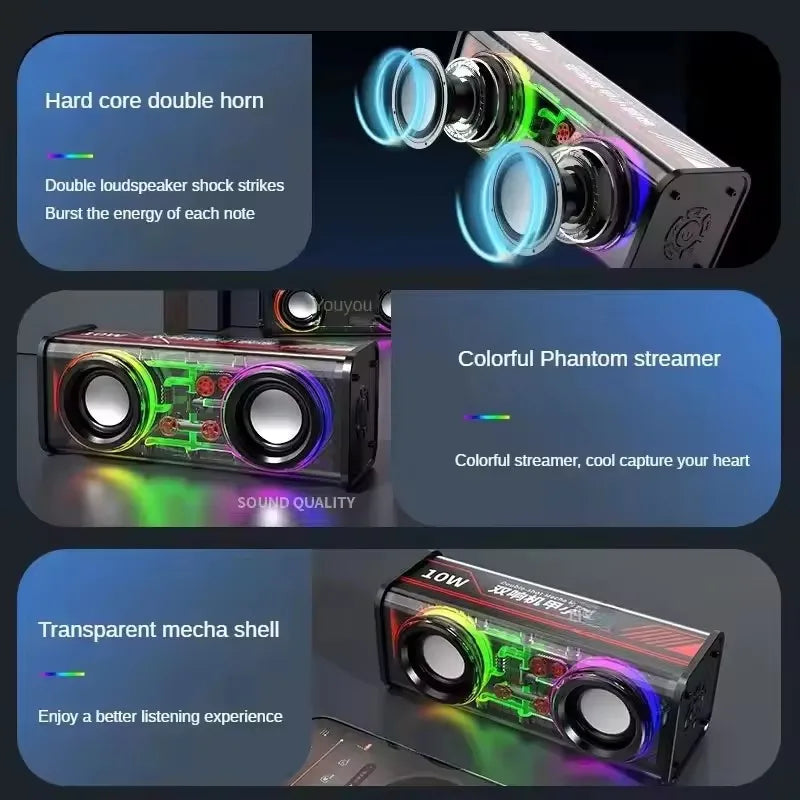 TWS V8 Transparent Mecha Bluetooth Wireless Surround Speaker with RGB Lighting and Enhanced Bass for Mini Home Parties