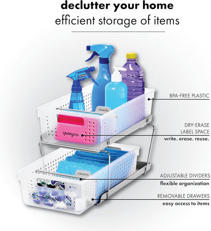 2-Tier Plastic Multipurpose Organizer with Divided Slide-Out Storage Bins