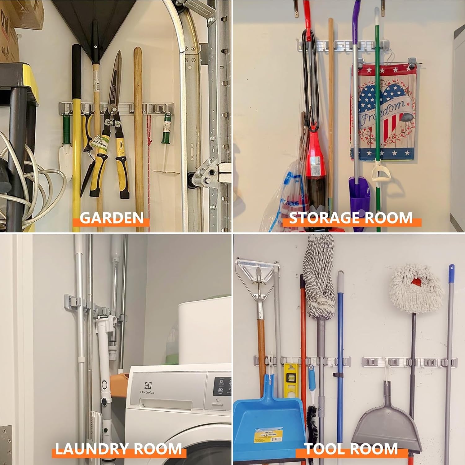 Broom Holder Wall Mount Mop and Broom Hanger Wall (4 Racks with 5 Hooks, Silver)