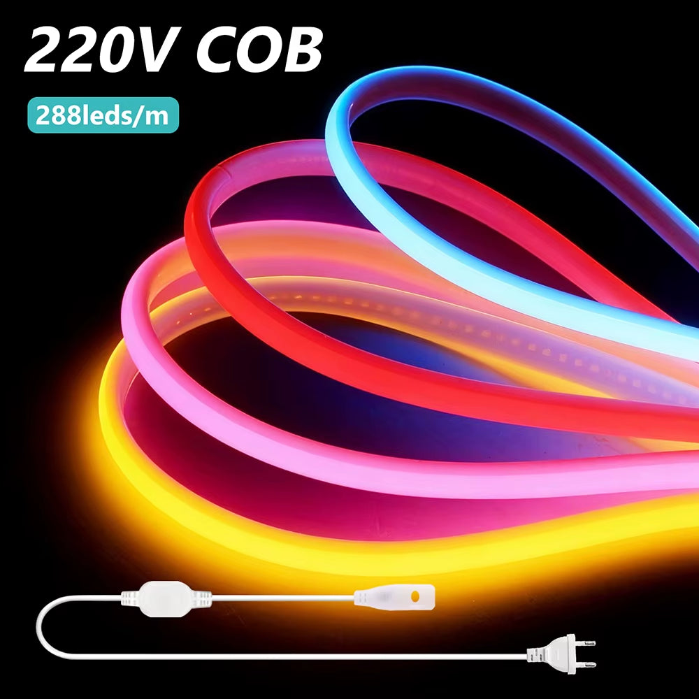COB LED Neon Strip Light 220V EU Power Kit 10 Colors  Flex Lamp