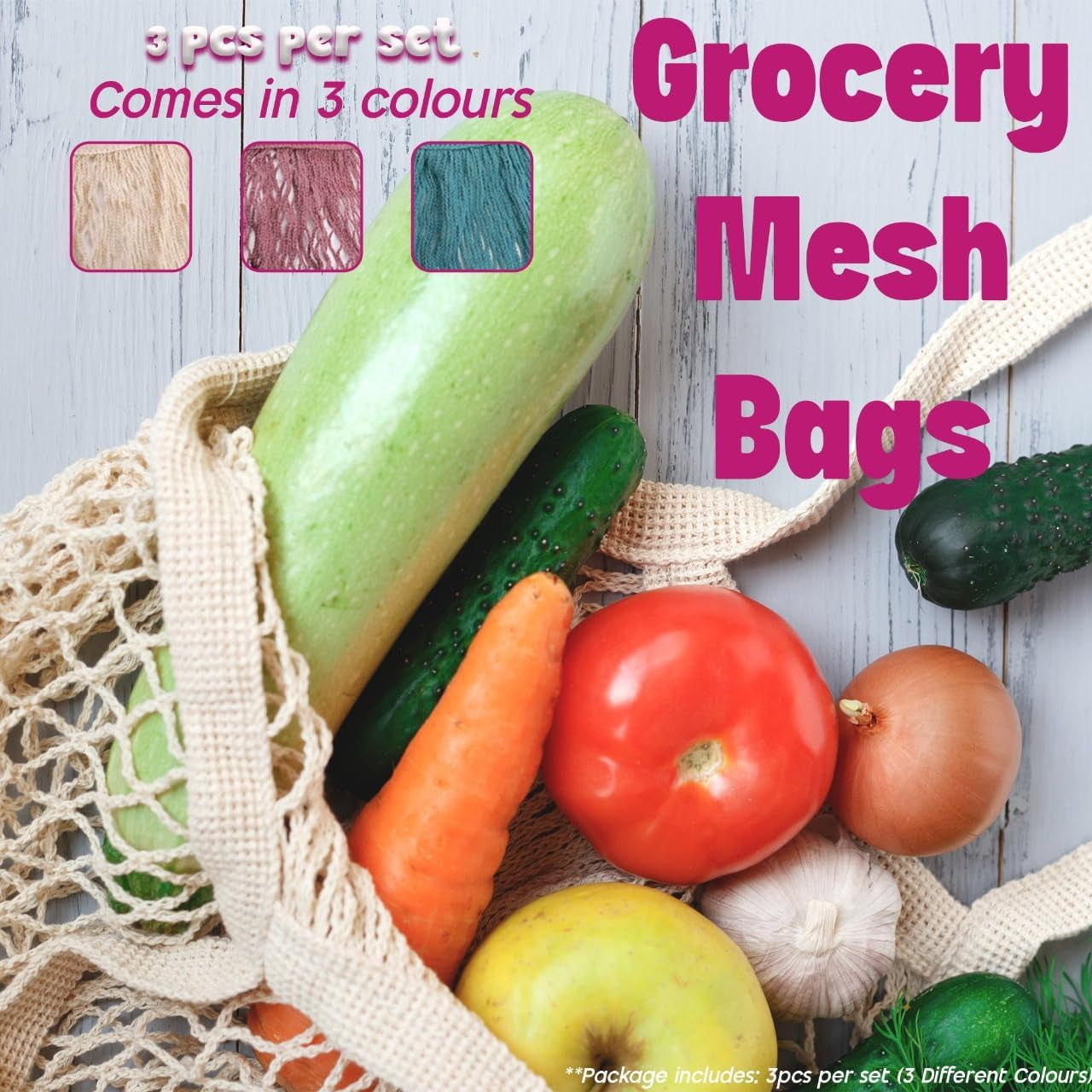 Grocery Mesh Bags 3 Pack Portable Reusable Washable, Organic Cotton String Shopp