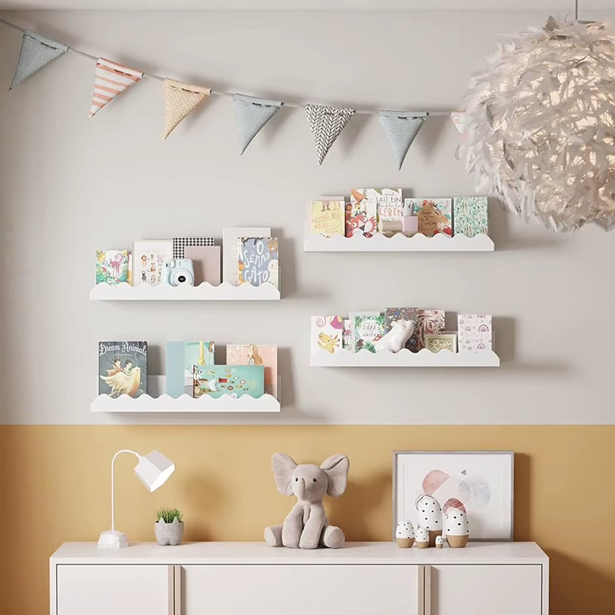 White Wavy Wooden Floating Shelf Bedroom Wall-Mounted Shelf Storage Wall Rack