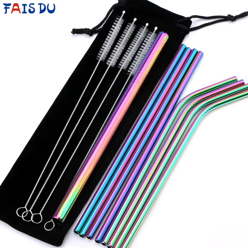Reusable 304 Stainless Steel Straws Straight Bent Drinking Straw with Cleaning Brush