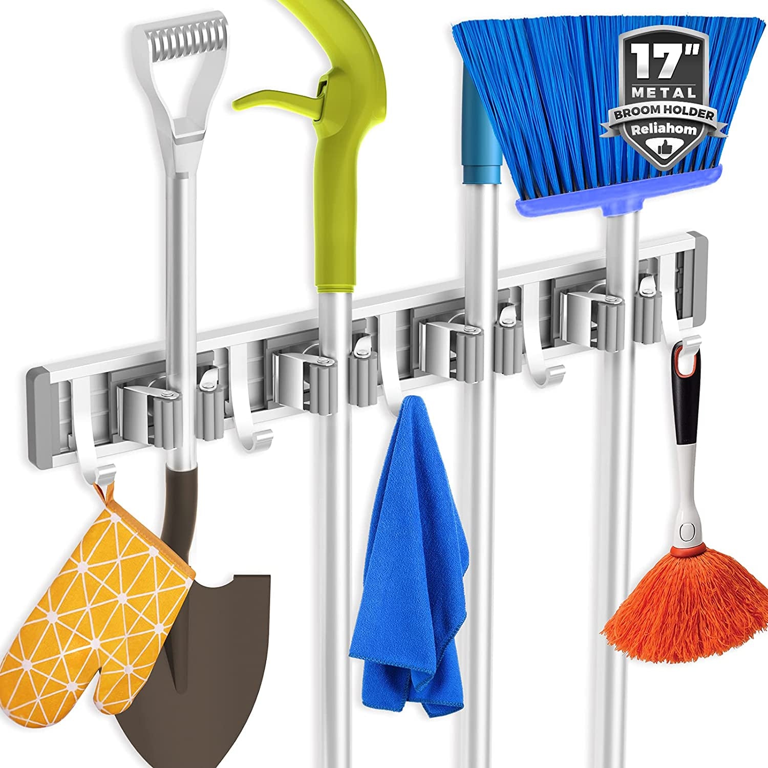 Broom Holder Wall Mount Mop and Broom Hanger Wall (4 Racks with 5 Hooks, Silver)