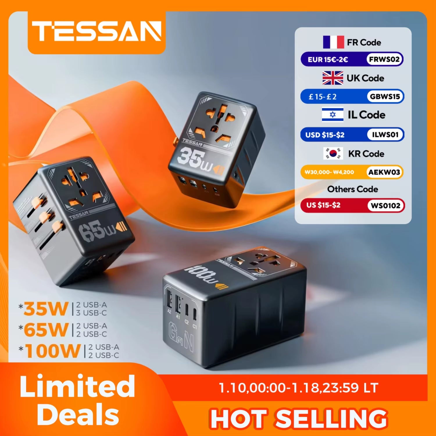 100W Gan Universal Travel Adapter with USB &Type C Fast Charging International Plug Adapter