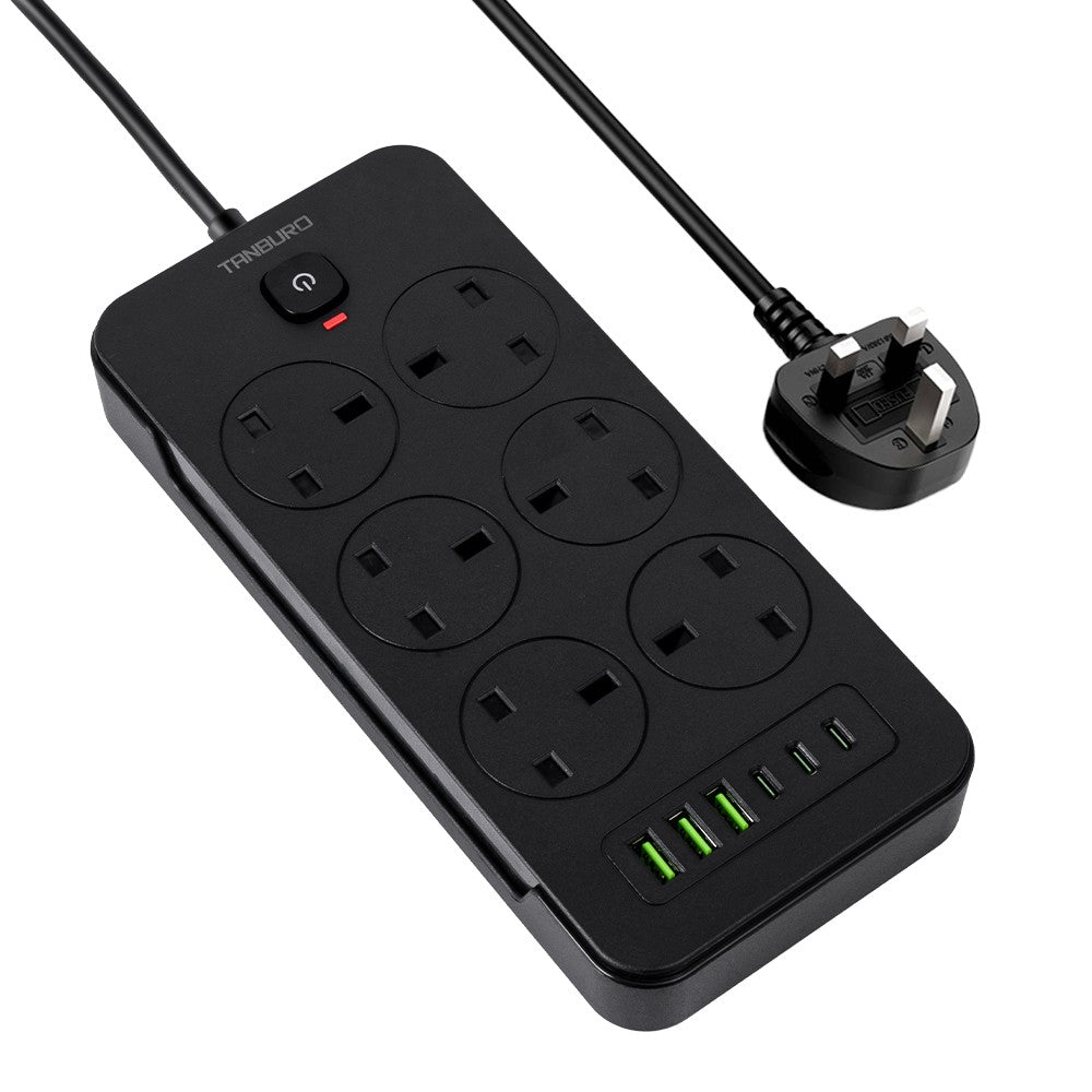 Surge Protected Extension Lead with 6 USB USB C 6Gang Way Power Cable UK Plug