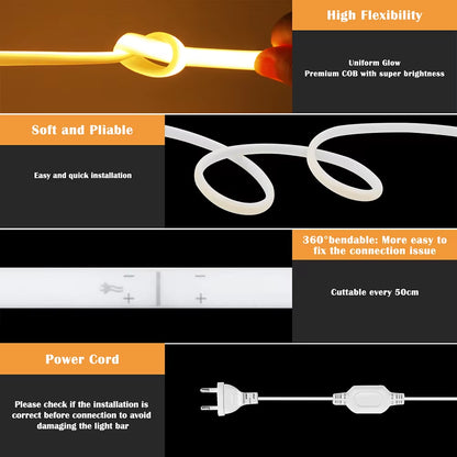 COB LED Neon Strip Light 220V EU Power Kit 10 Colors  Flex Lamp - EditWell