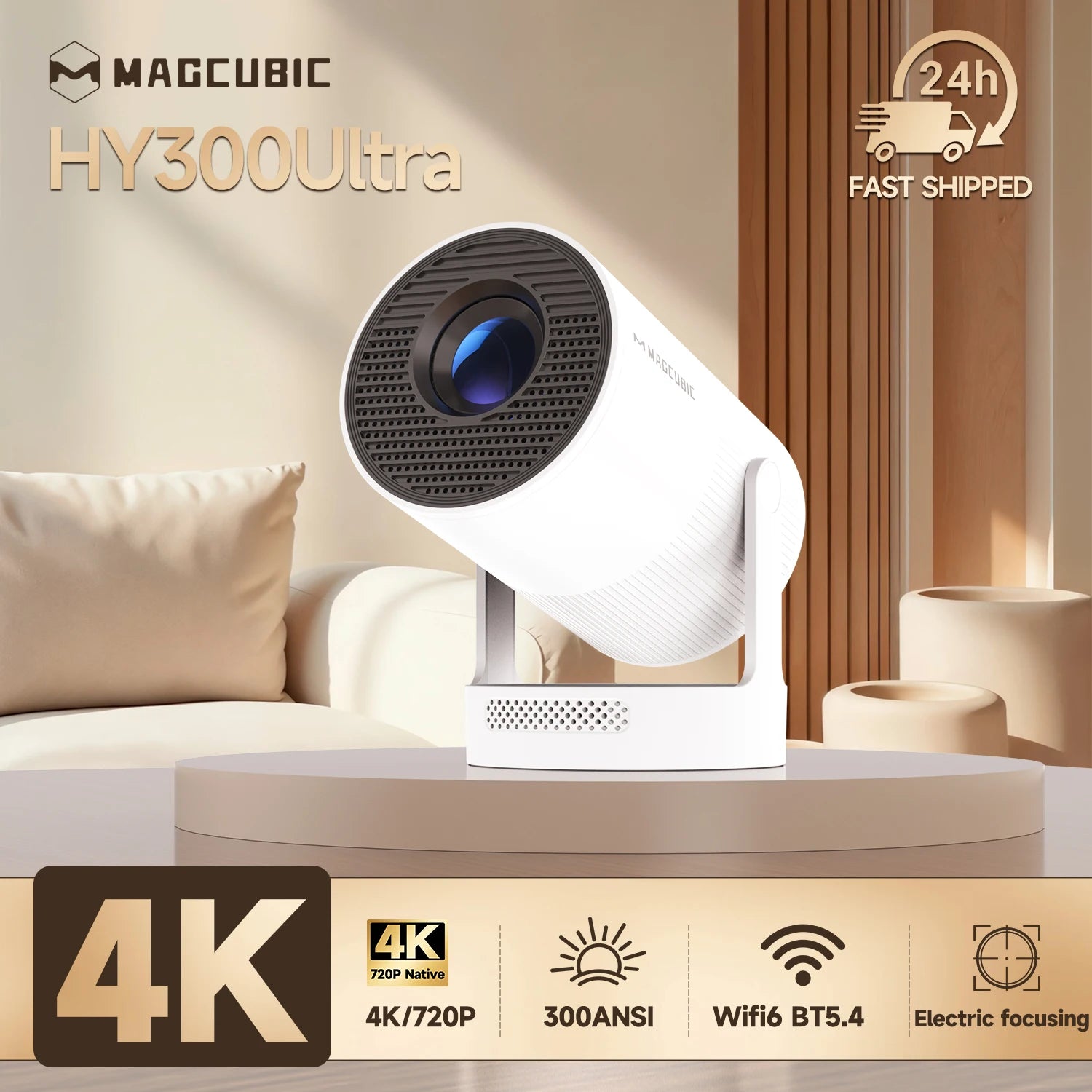 HY300 Ultra Portable 4K Projector with Speaker Electronic Focus 300ANSI - EditWell