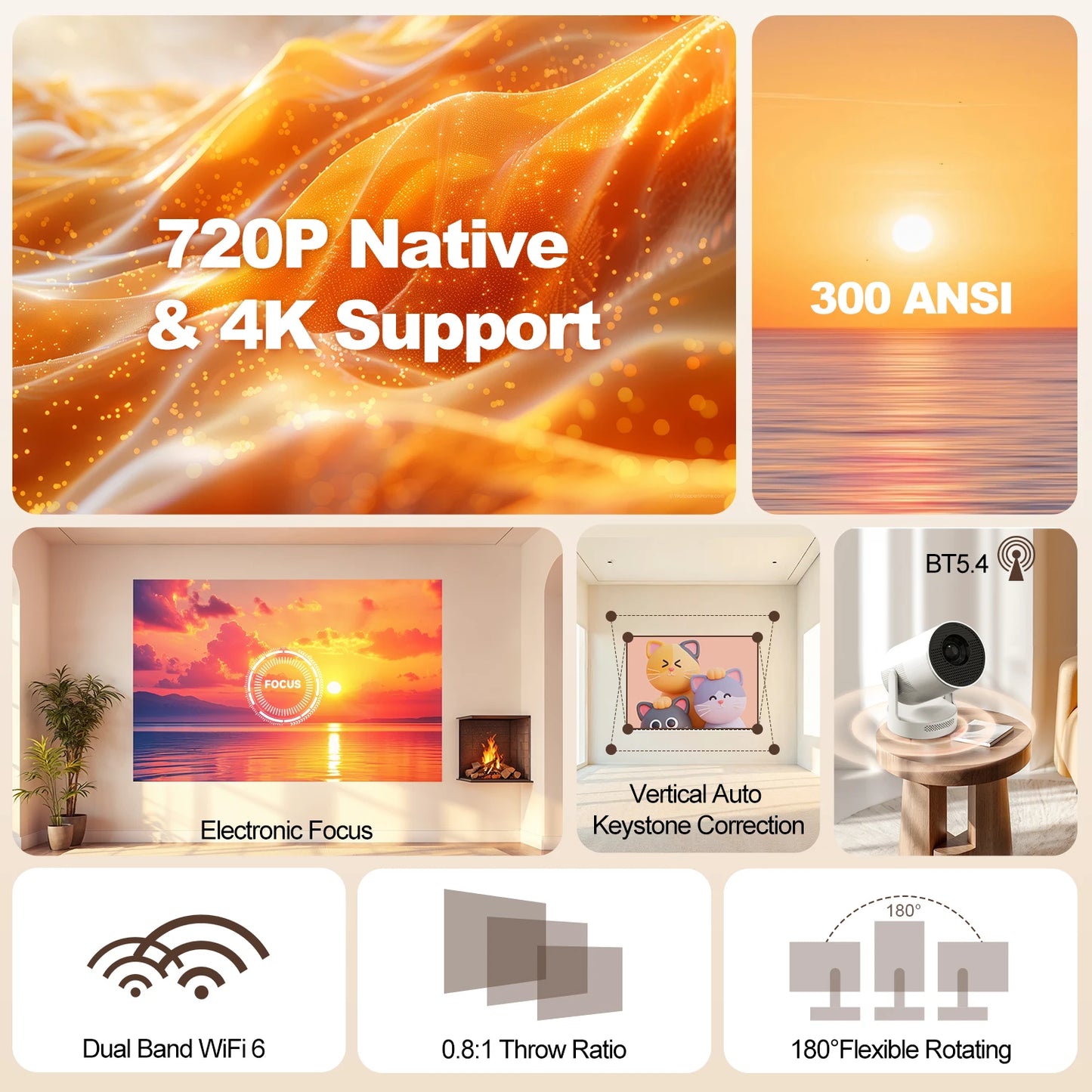 HY300 Ultra Portable 4K Projector with Speaker Electronic Focus 300ANSI - EditWell