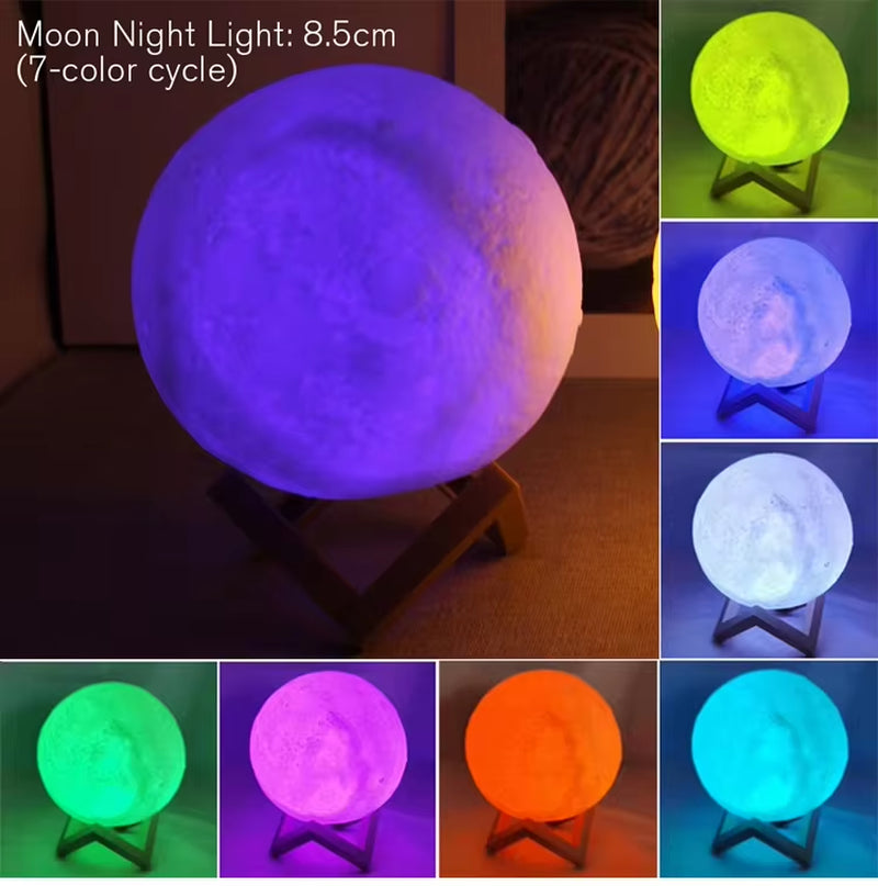 Moon Lamp LED Night Light 8cm | 3D Realistic Lunar Surface | Warm Glow | Wooden Stand | Battery Powered | Bedroom Décor | Kids & Astronomy Gift - EditWell