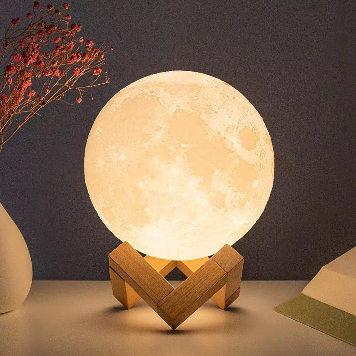 Moon Lamp LED Night Light 8cm | 3D Realistic Lunar Surface | Warm Glow | Wooden Stand | Battery Powered | Bedroom Décor | Kids & Astronomy Gift - EditWell