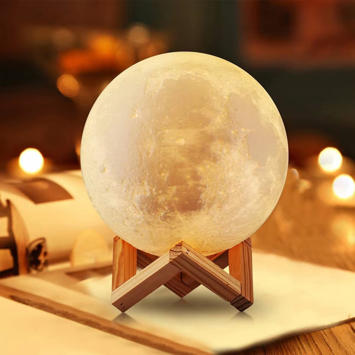 Moon Lamp LED Night Light 8cm | 3D Realistic Lunar Surface | Warm Glow | Wooden Stand | Battery Powered | Bedroom Décor | Kids & Astronomy Gift - EditWell