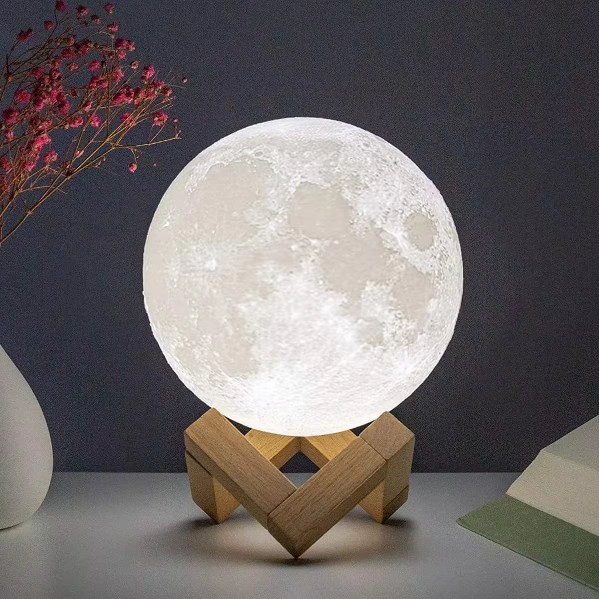 Moon Lamp LED Night Light 8cm | 3D Realistic Lunar Surface | Warm Glow | Wooden Stand | Battery Powered | Bedroom Décor | Kids & Astronomy Gift - EditWell