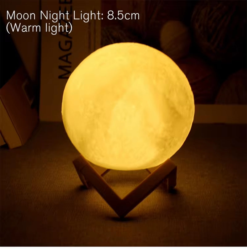 Moon Lamp LED Night Light 8cm | 3D Realistic Lunar Surface | Warm Glow | Wooden Stand | Battery Powered | Bedroom Décor | Kids & Astronomy Gift - EditWell